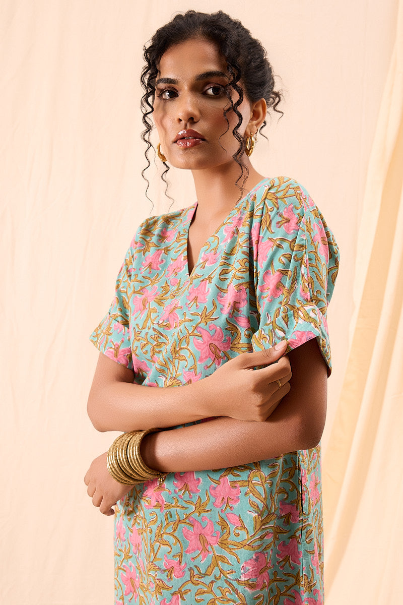 Maya Hand Block Printed Floral Half Sleeve Dress