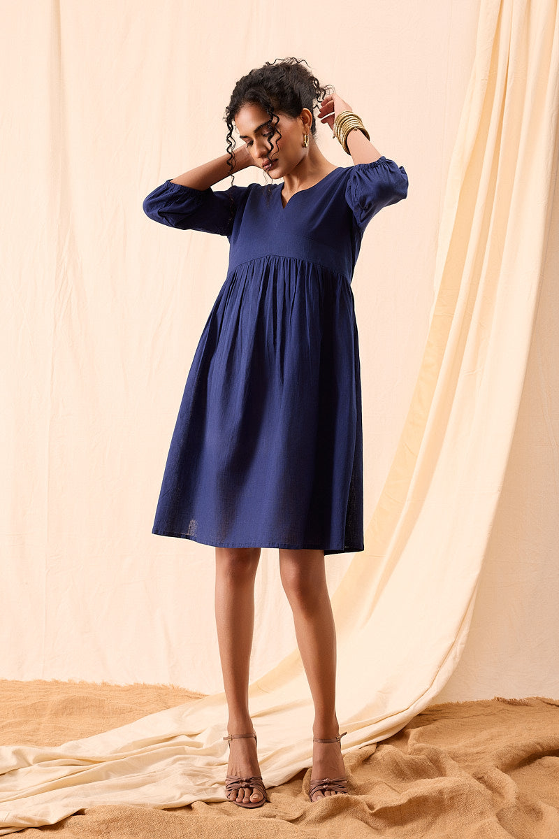 Tiya Hand Dyed Dark Blue Balloon Sleeve Dress