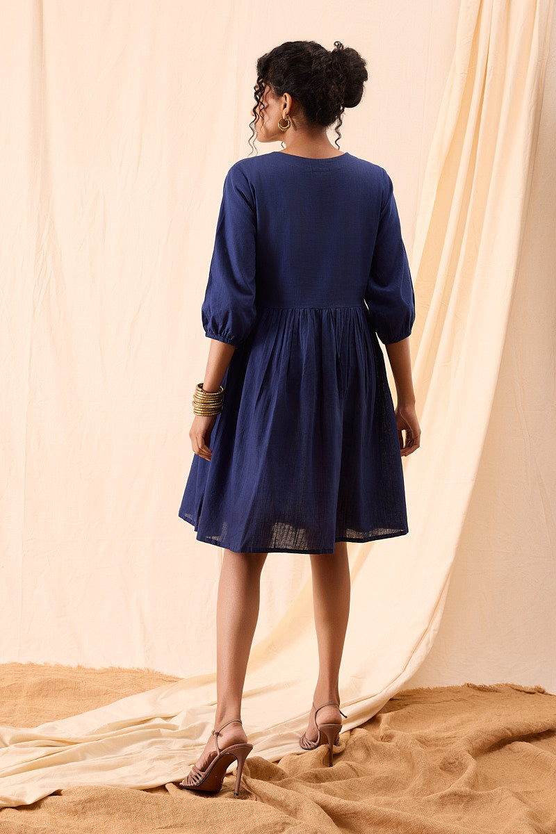 Tiya Hand Dyed Dark Blue Balloon Sleeve Dress