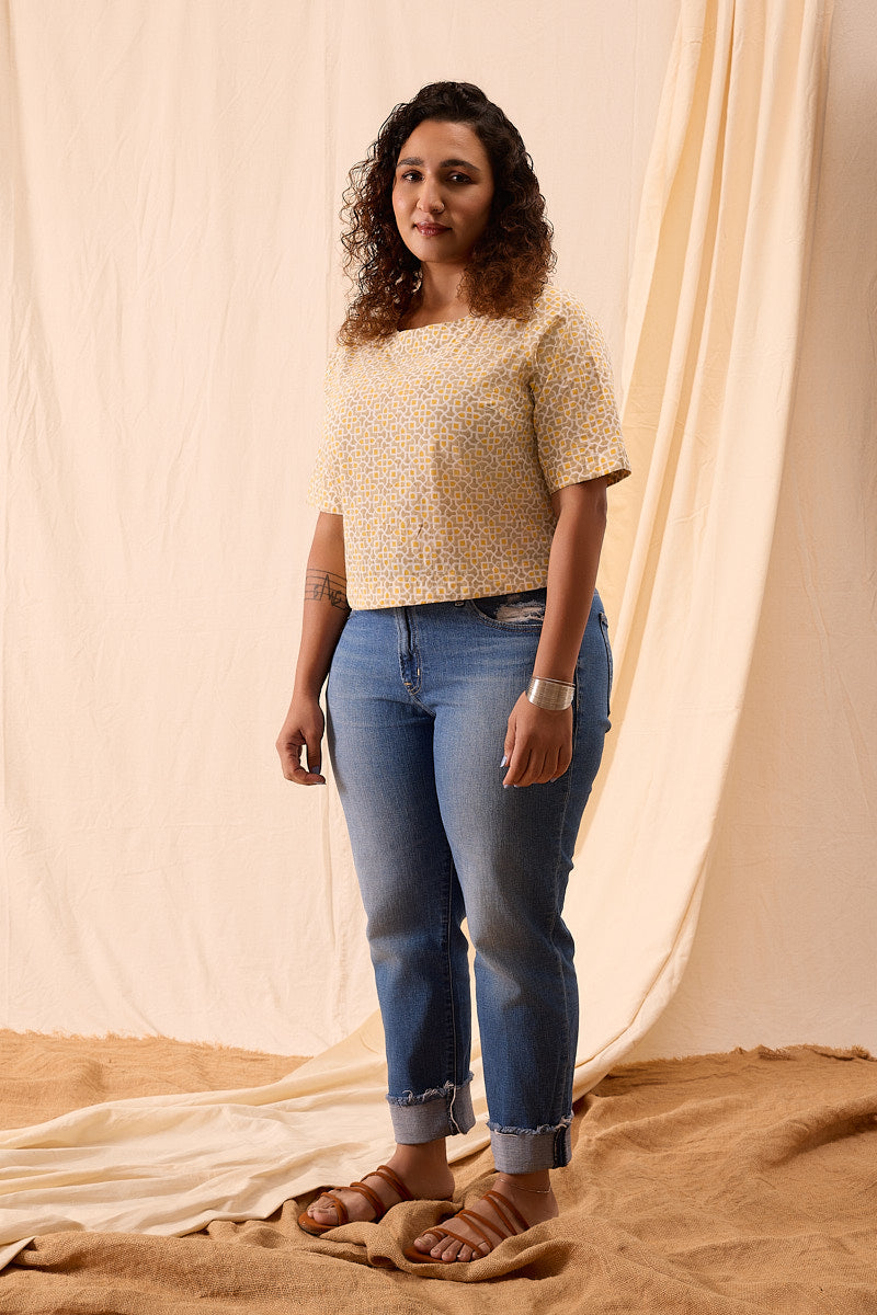 Aditi Hand Block Printed Geometric Half Sleeve Top