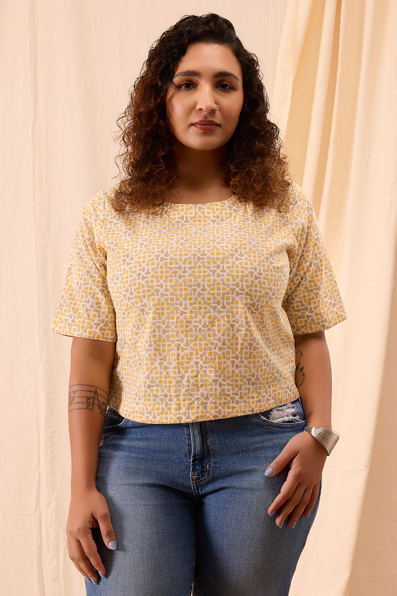 Aditi Hand Block Printed Geometric Half Sleeve Top