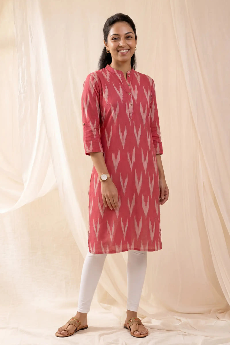 Nitya Roll Up Sleeve Red Ikkat Kurti