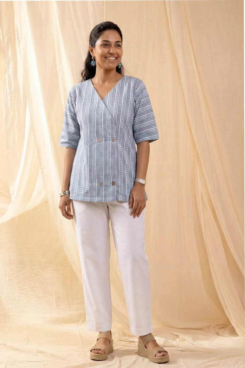 Pihu Geometric Blue Button Top