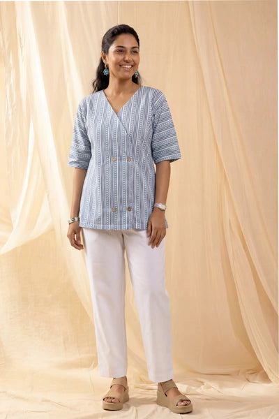 Pihu Geometric Blue Button Top