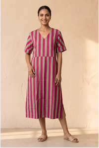 Maya Handcrafted Pink Half Sleeve Midi Dress