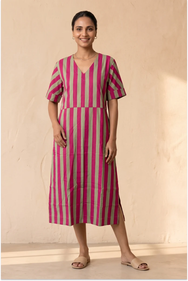 Maya Handcrafted Pink Half Sleeve Midi Dress