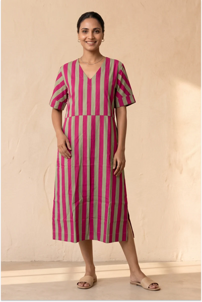 Maya Handcrafted Pink Half Sleeve Midi Dress