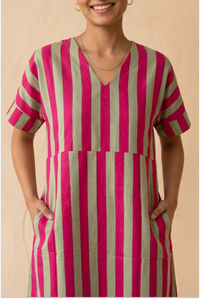 Maya Handcrafted Pink Half Sleeve Midi Dress
