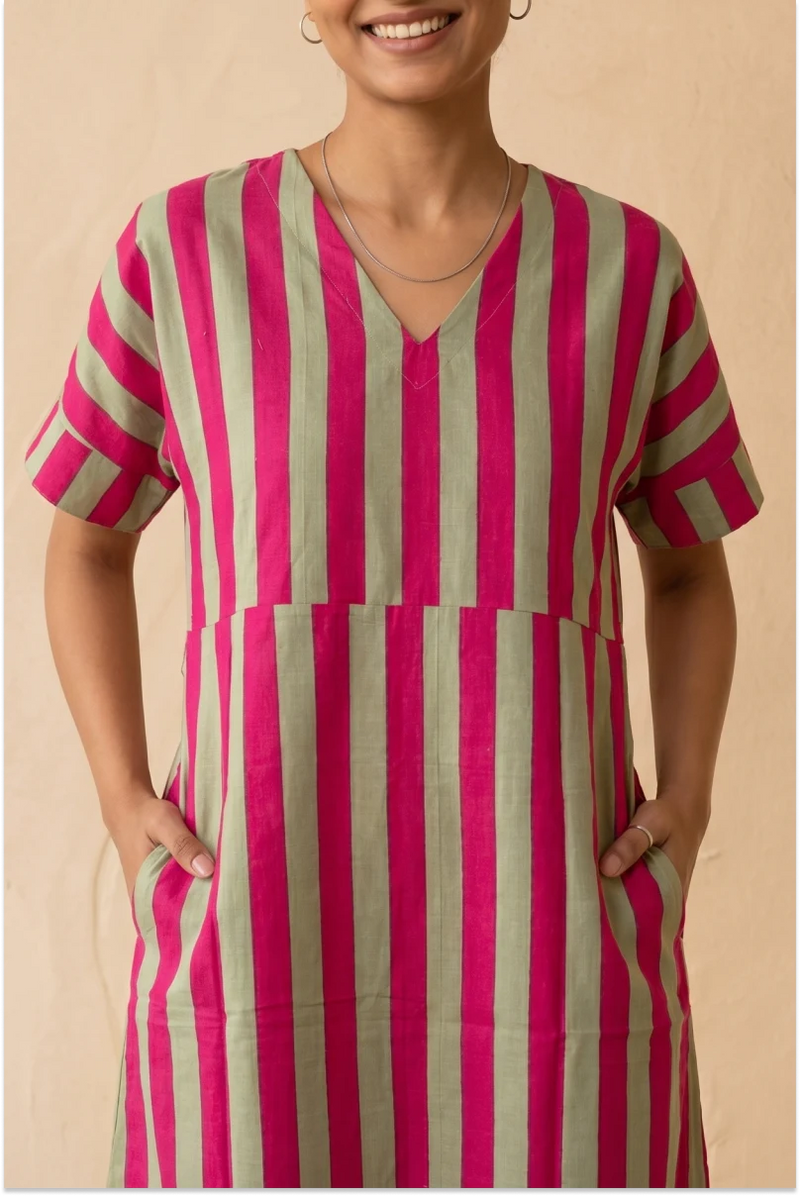 Maya Handcrafted Pink Half Sleeve Midi Dress