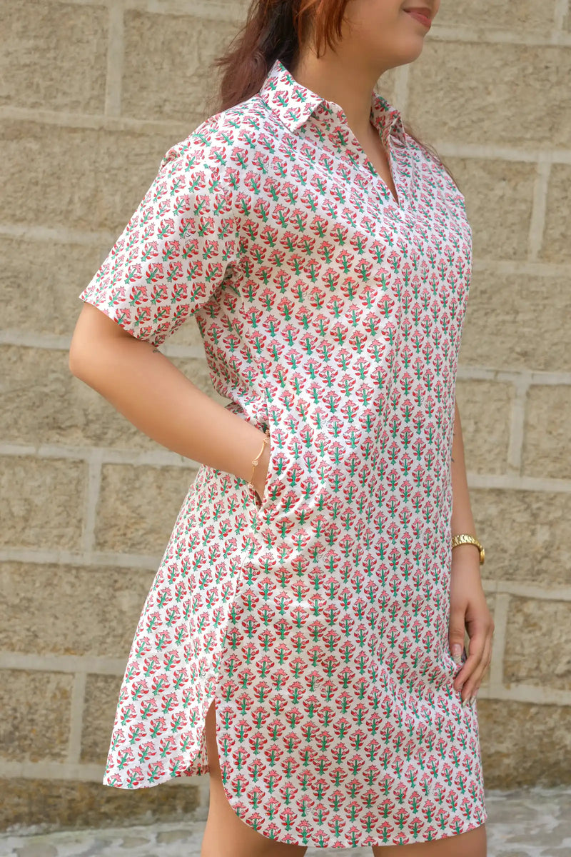 Premium cotton pink dress with traditional hand block printed Palash motif