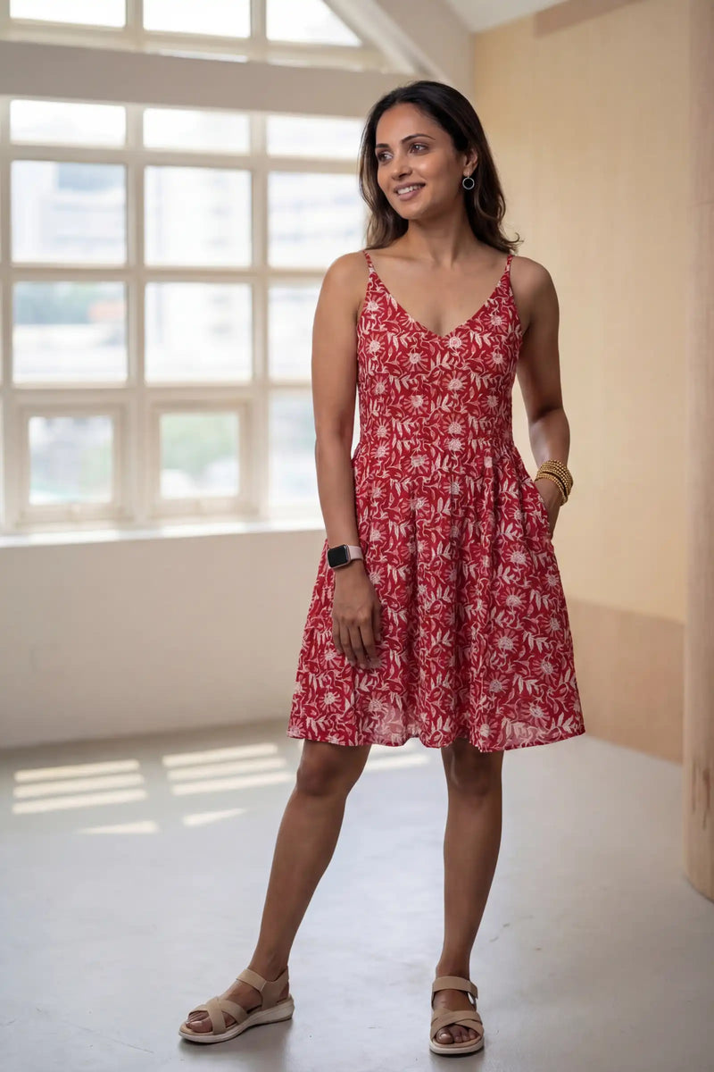 Red Floral Hand Block Printed Knee Length Dress