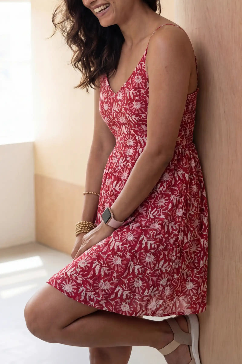 Red Floral Hand Block Printed Knee Length Dress