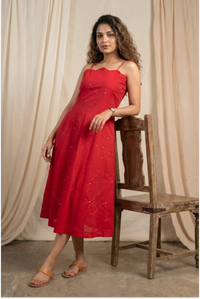 Hand Embroidered Red Scalloped Dress