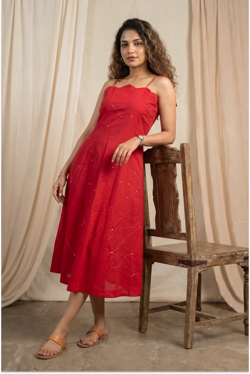 Hand Embroidered Red Scalloped Dress