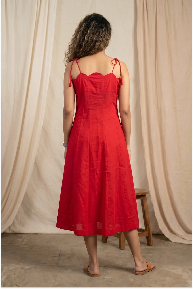 Hand Embroidered Red Scalloped Dress