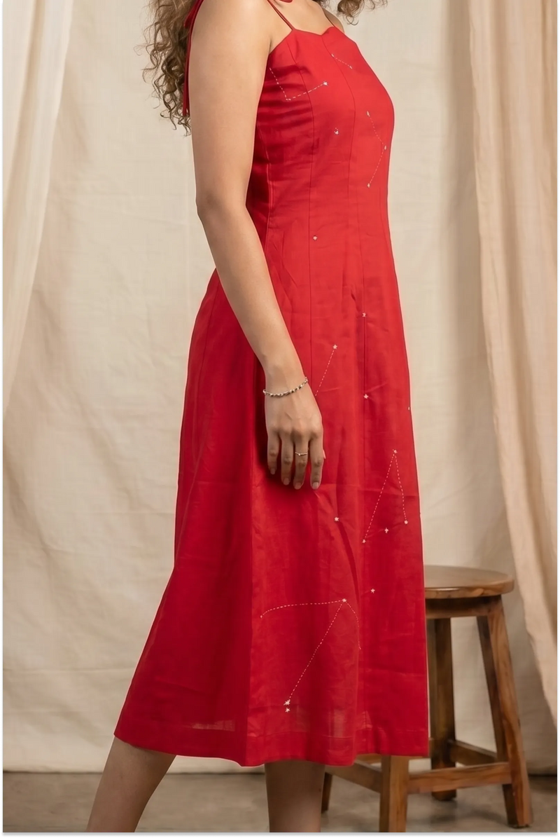 Hand Embroidered Red Scalloped Dress