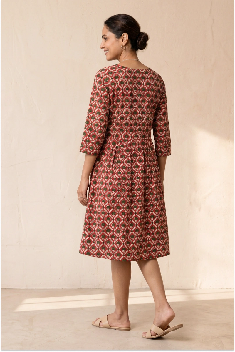 Hand Block Printed Red Skater Dress