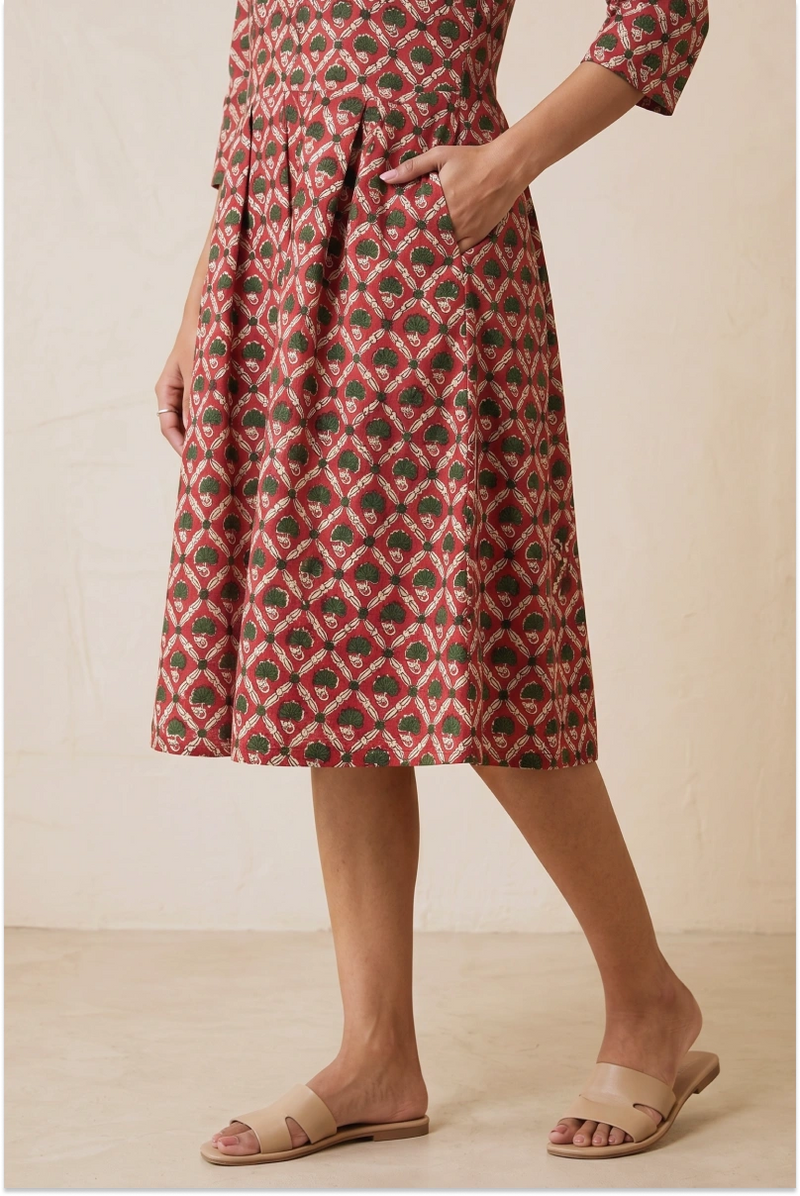 Hand Block Printed Red Skater Dress