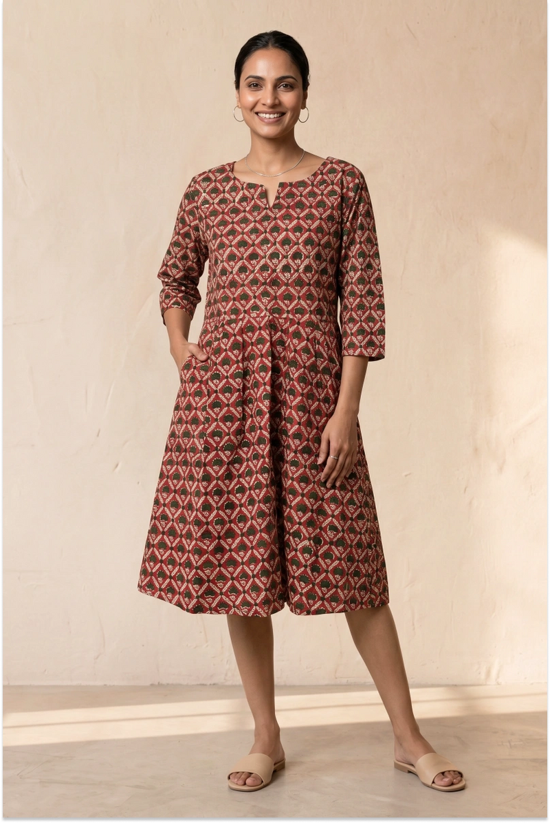 Hand Block Printed Red Skater Dress
