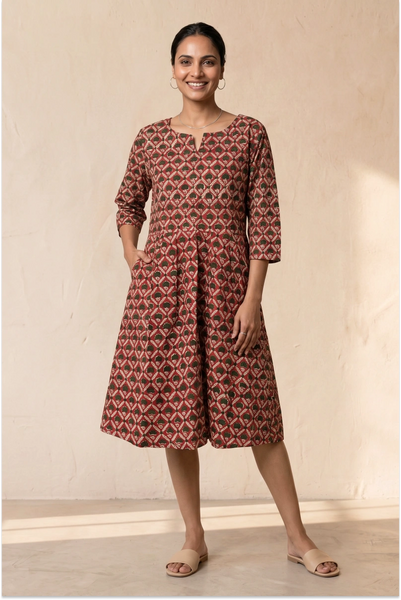 Hand Block Printed Red Skater Dress