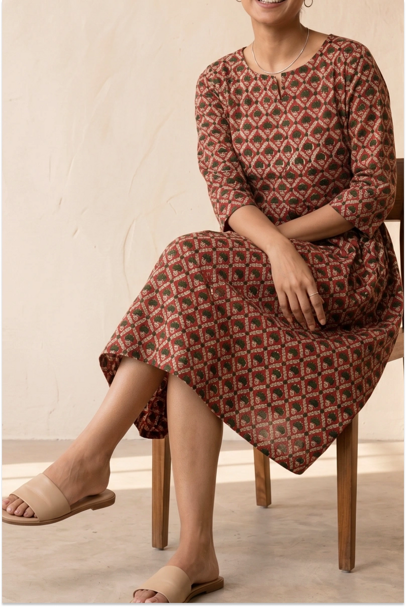 Hand Block Printed Red Skater Dress