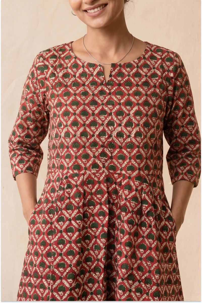 Hand Block Printed Red Skater Dress