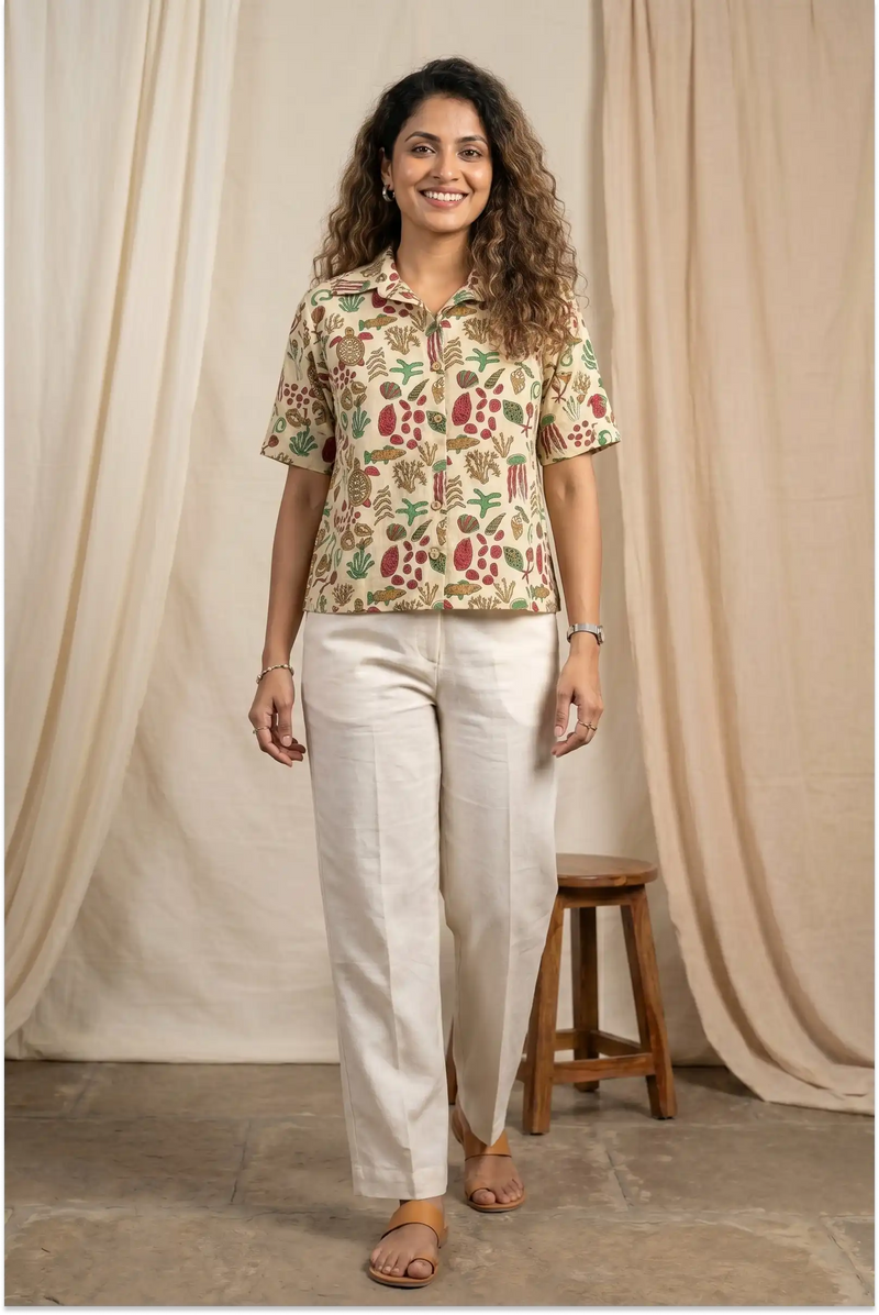 Ocean Tales Handcrafted Half-Sleeve Crop Shirt