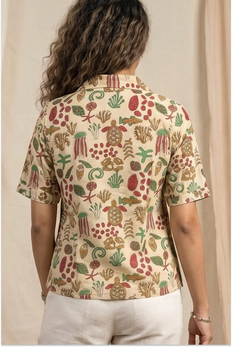 Ocean Tales Handcrafted Half-Sleeve Crop Shirt