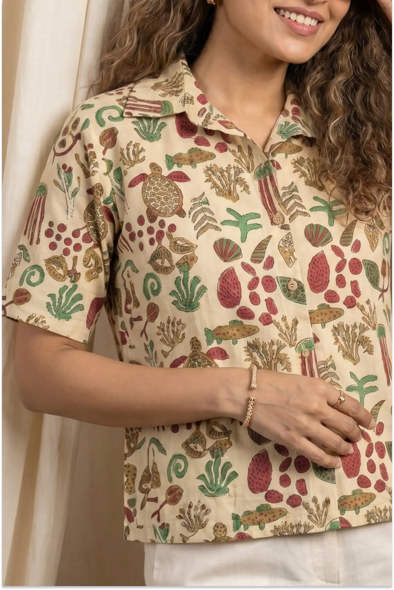 Ocean Tales Handcrafted Half-Sleeve Crop Shirt