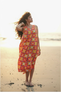 Shaam Hand Block-Printed Orange Sleeveless A-Line Dress