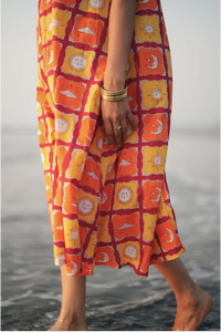 Shaam Hand Block-Printed Orange Sleeveless A-Line Dress