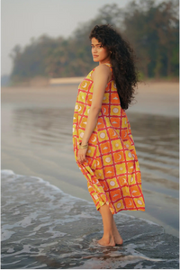 Shaam Hand Block-Printed Orange Sleeveless A-Line Dress