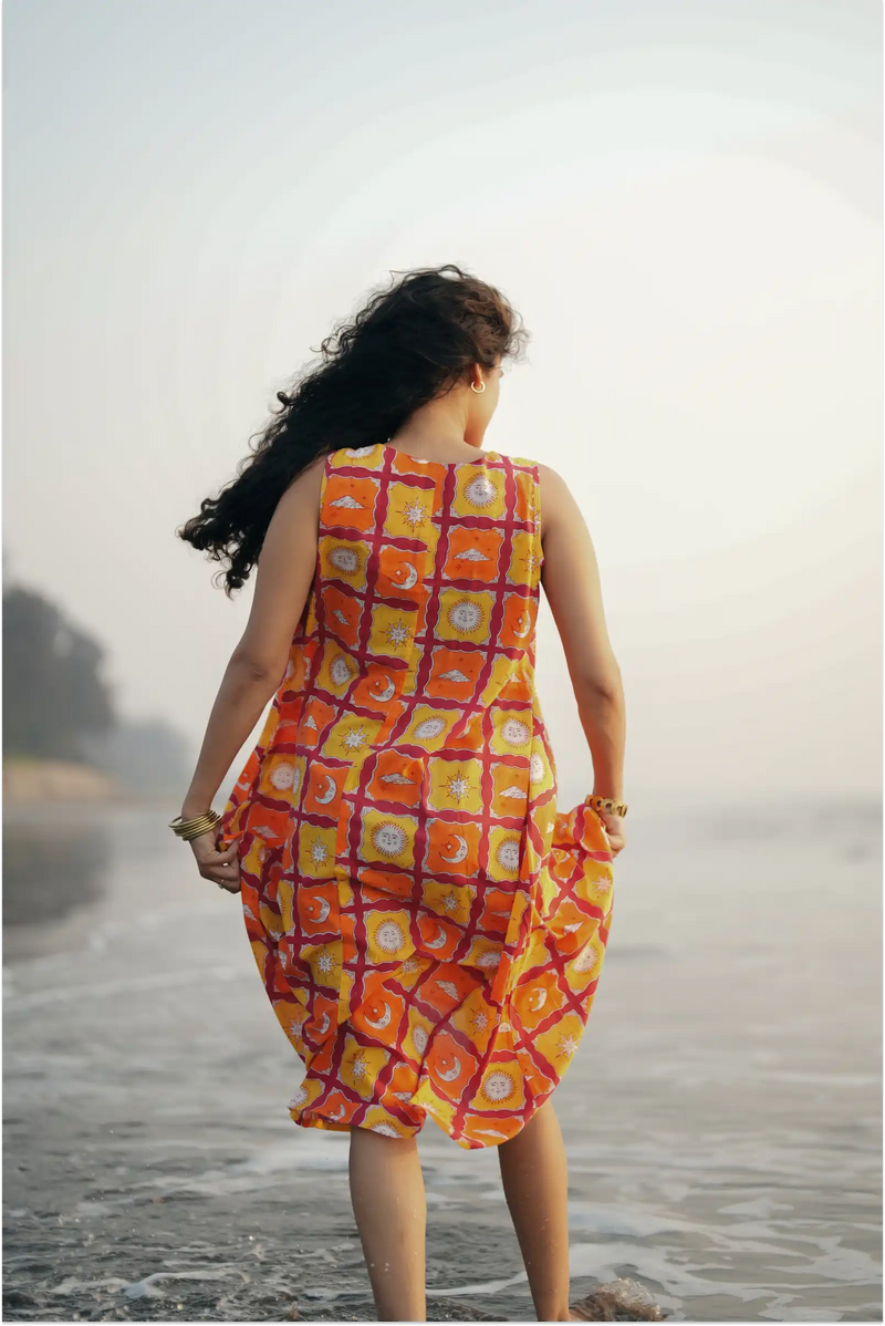 Shaam Hand Block-Printed Orange Sleeveless A-Line Dress