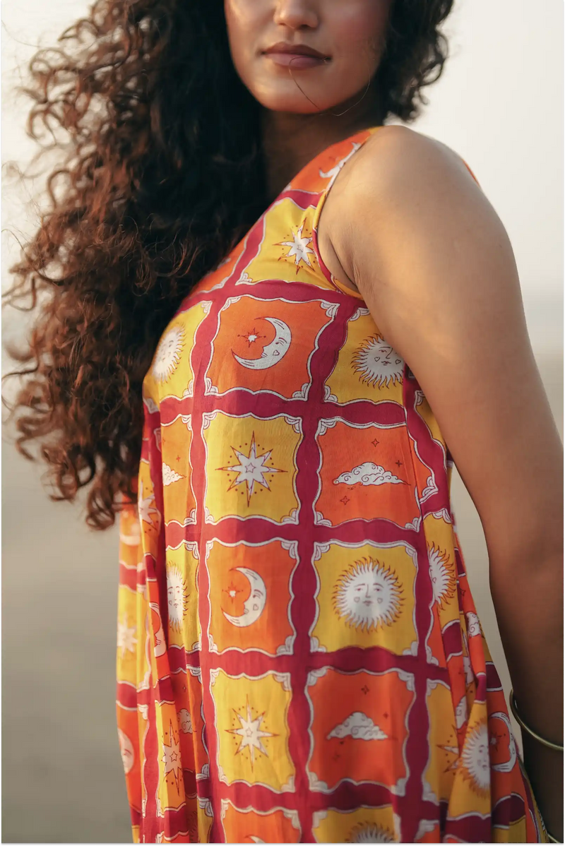 Shaam Hand Block-Printed Orange Sleeveless A-Line Dress
