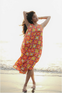 Shaam Hand Block-Printed Orange Sleeveless A-Line Dress