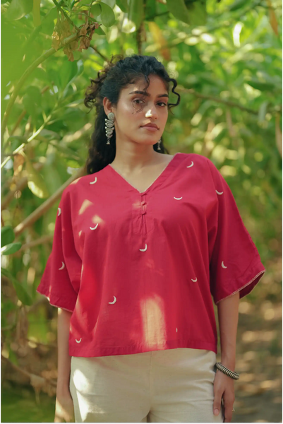 Shaam Hand Embroidered Red Kaftan Top