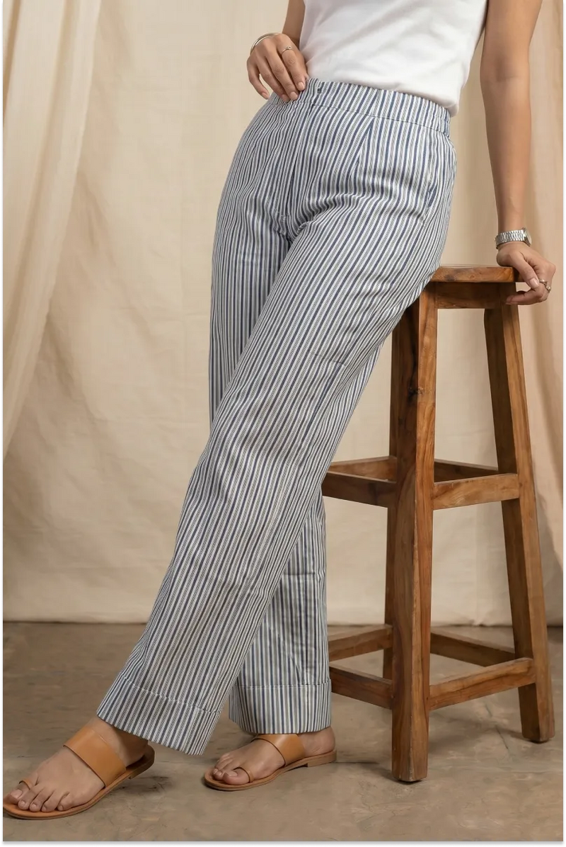Fariha Hand Block Printed Teal Striped Culottes