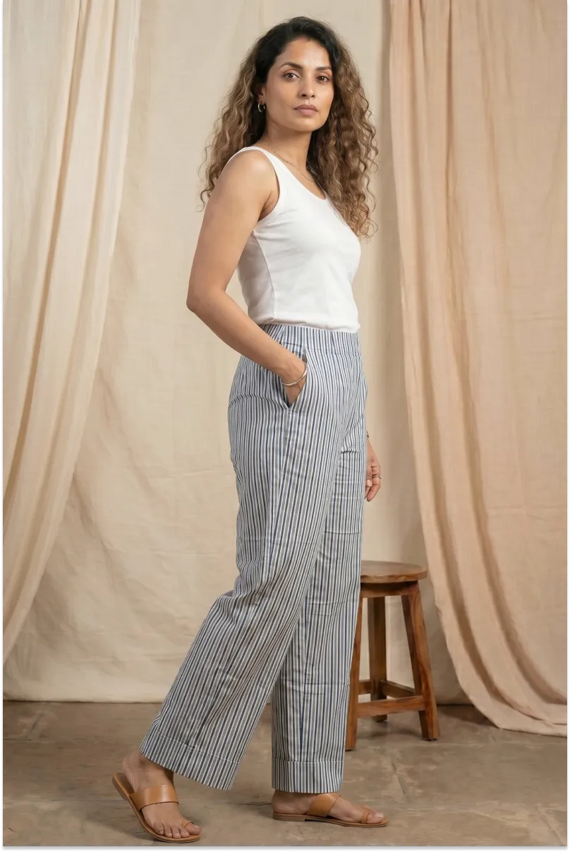 Fariha Hand Block Printed Teal Striped Culottes