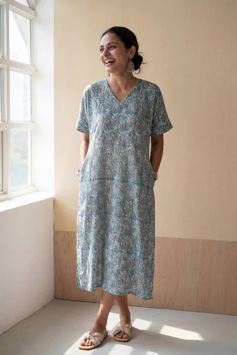 Teal Hand Block Printed Half Sleeve Dress