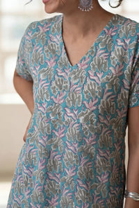 Teal Hand Block Printed Half Sleeve Dress
