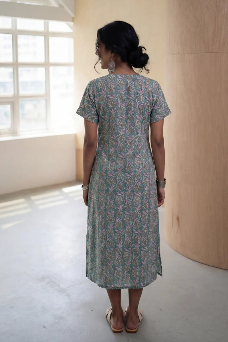 Teal Hand Block Printed Half Sleeve Dress