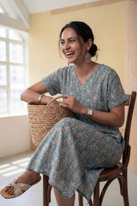 Teal Hand Block Printed Half Sleeve Dress