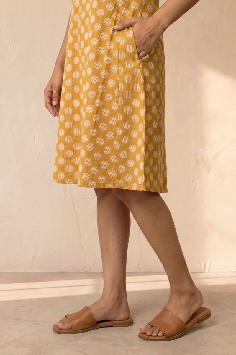 Polka Yellow Screen Print Fit & Flare Dress