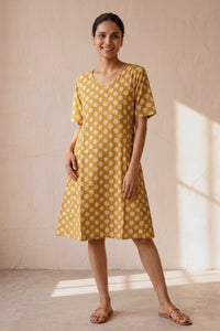 Polka Yellow Screen Print Fit & Flare Dress
