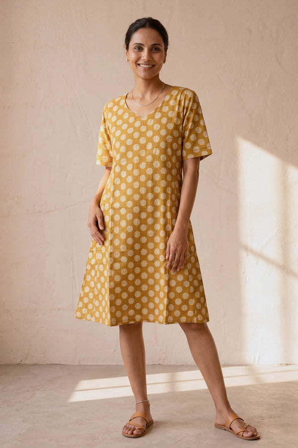 Polka Yellow Screen Print Fit & Flare Dress