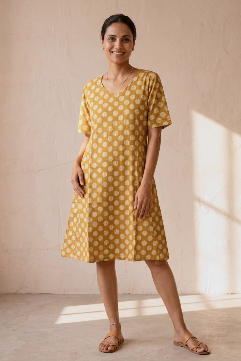 Polka Yellow Screen Print Fit & Flare Dress