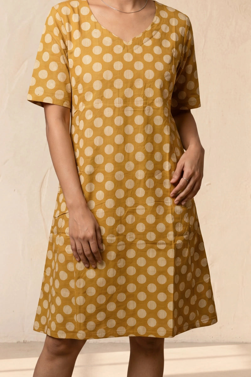 Polka Yellow Screen Print Fit & Flare Dress