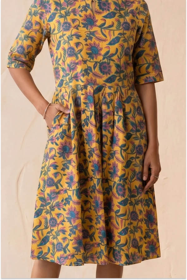 Hand Block Printed Yellow Skater Dress