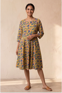 Hand Block Printed Yellow Skater Dress