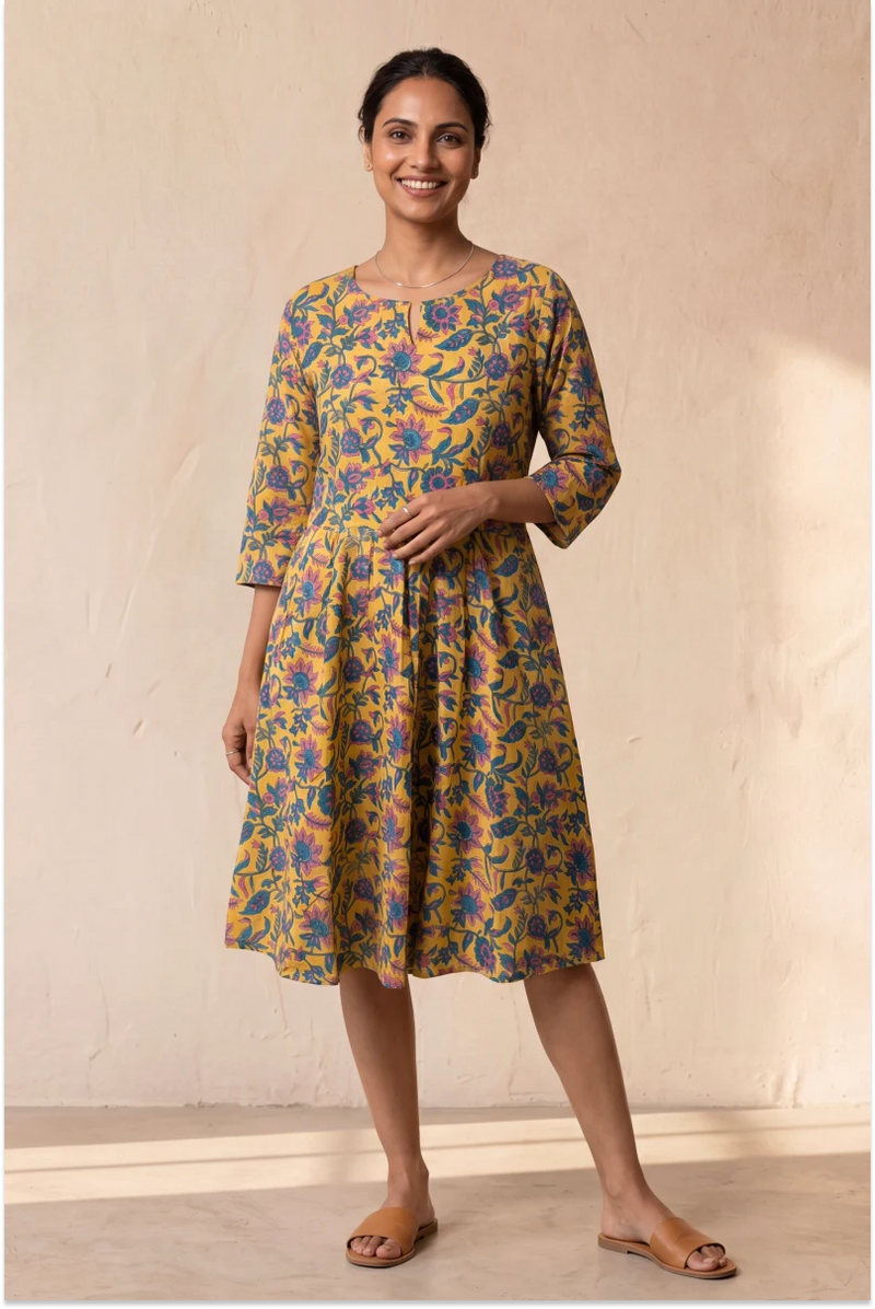 Hand Block Printed Yellow Skater Dress